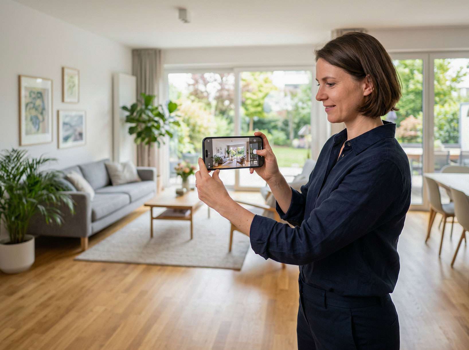 Immobilienfotos mit Handy-1 Immobilienmaklerin macht Fotos mit dem Handy für ihr Immobilien Exposé
